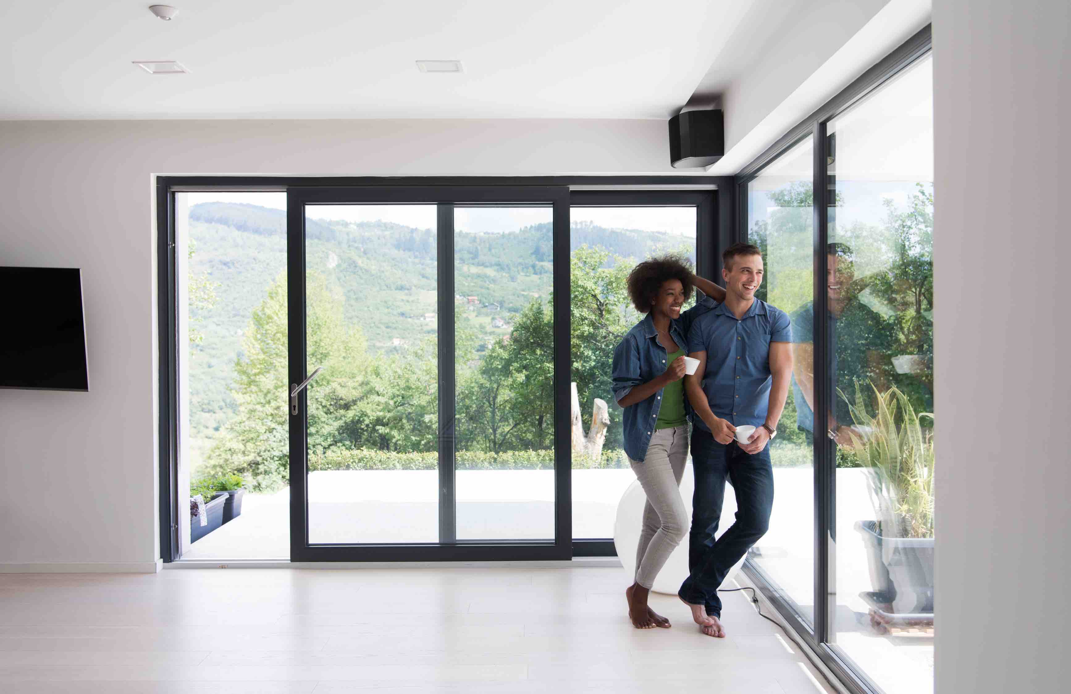 romantic happy young couple relax at modern home indoors